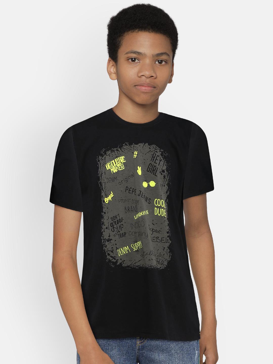 Pepe Jeans Boys Black Printed Round Neck T-shirt