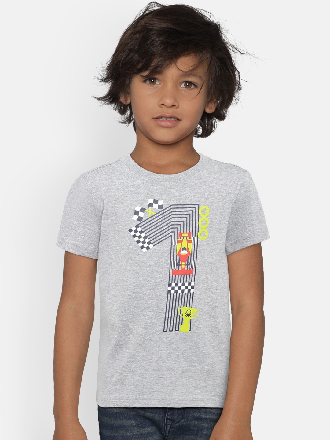 United Colors of Benetton Boys Grey Melange Printed Round Neck T-shirt