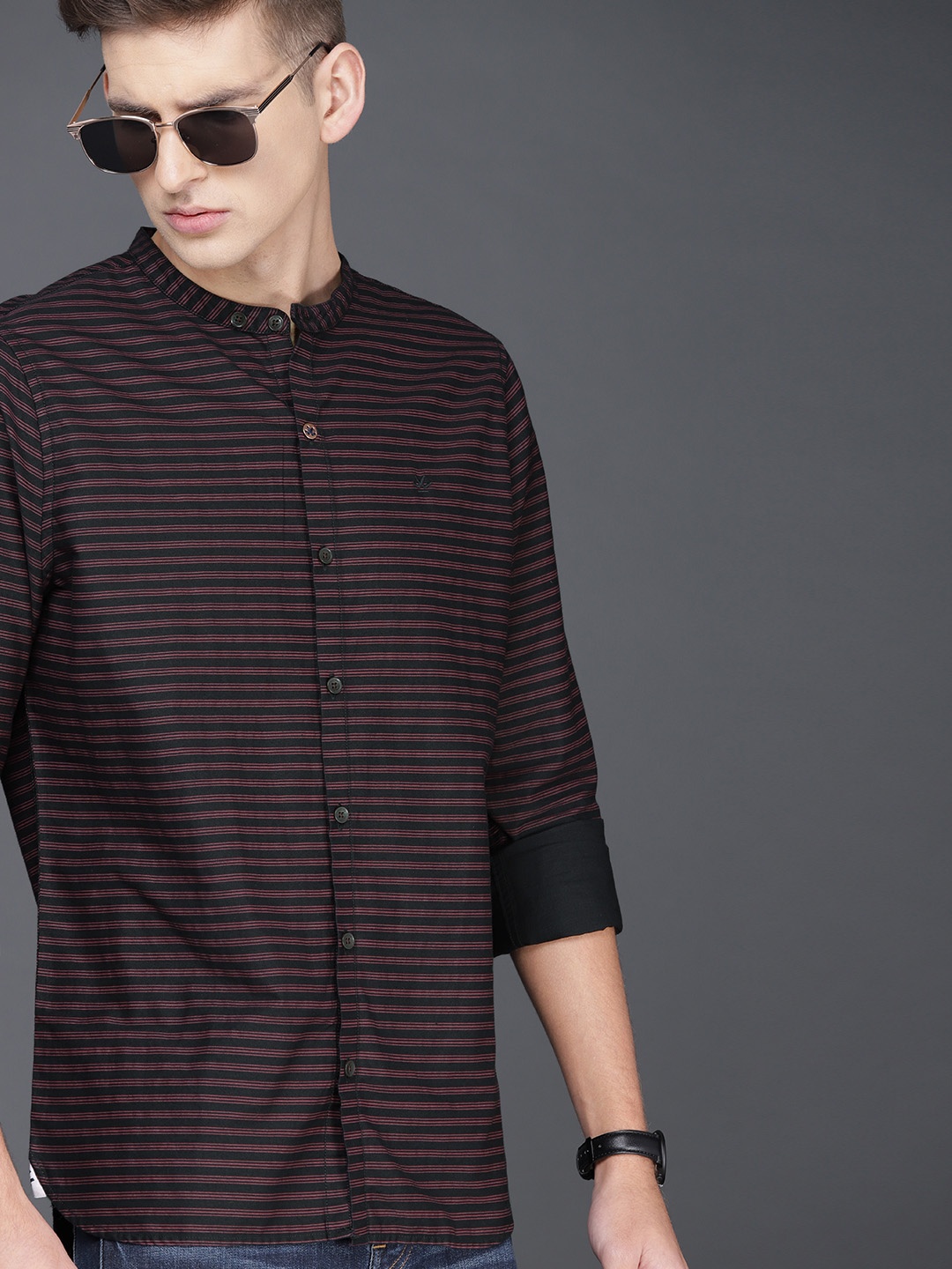 WROGN Men Black & Purple Slim Fit Striped Casual Shirt