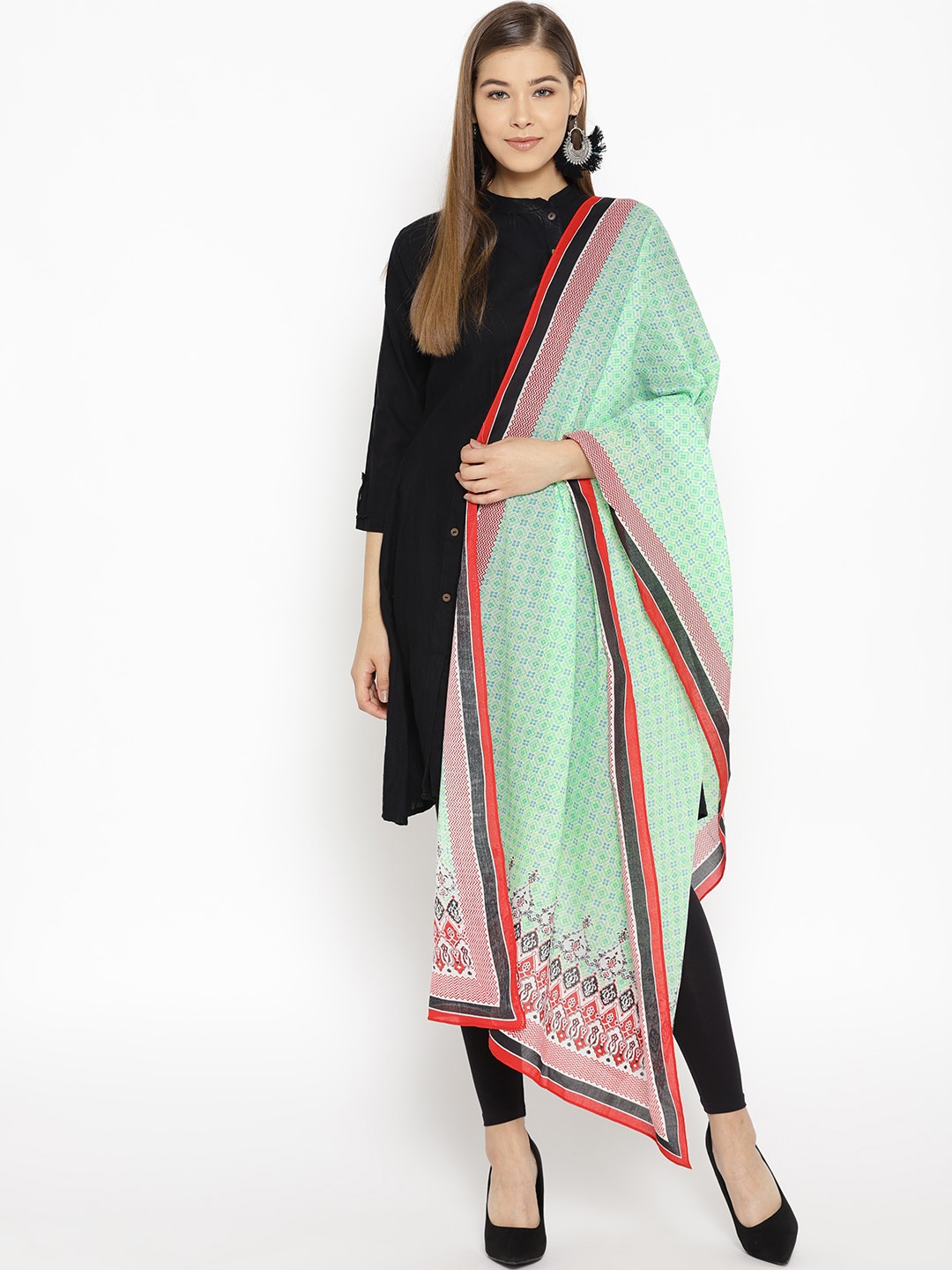 AURELIA Green & Red Printed Pure Cotton Dupatta