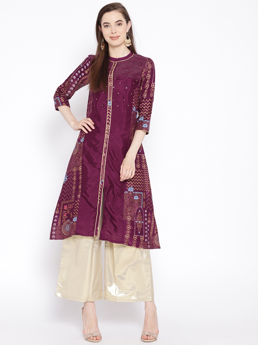 AURELIA Women Purple & Golden Printed A-Line Kurta
