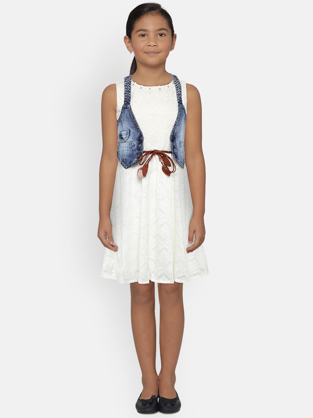 Peppermint Girls Off-White Self Design A-Line Dress
