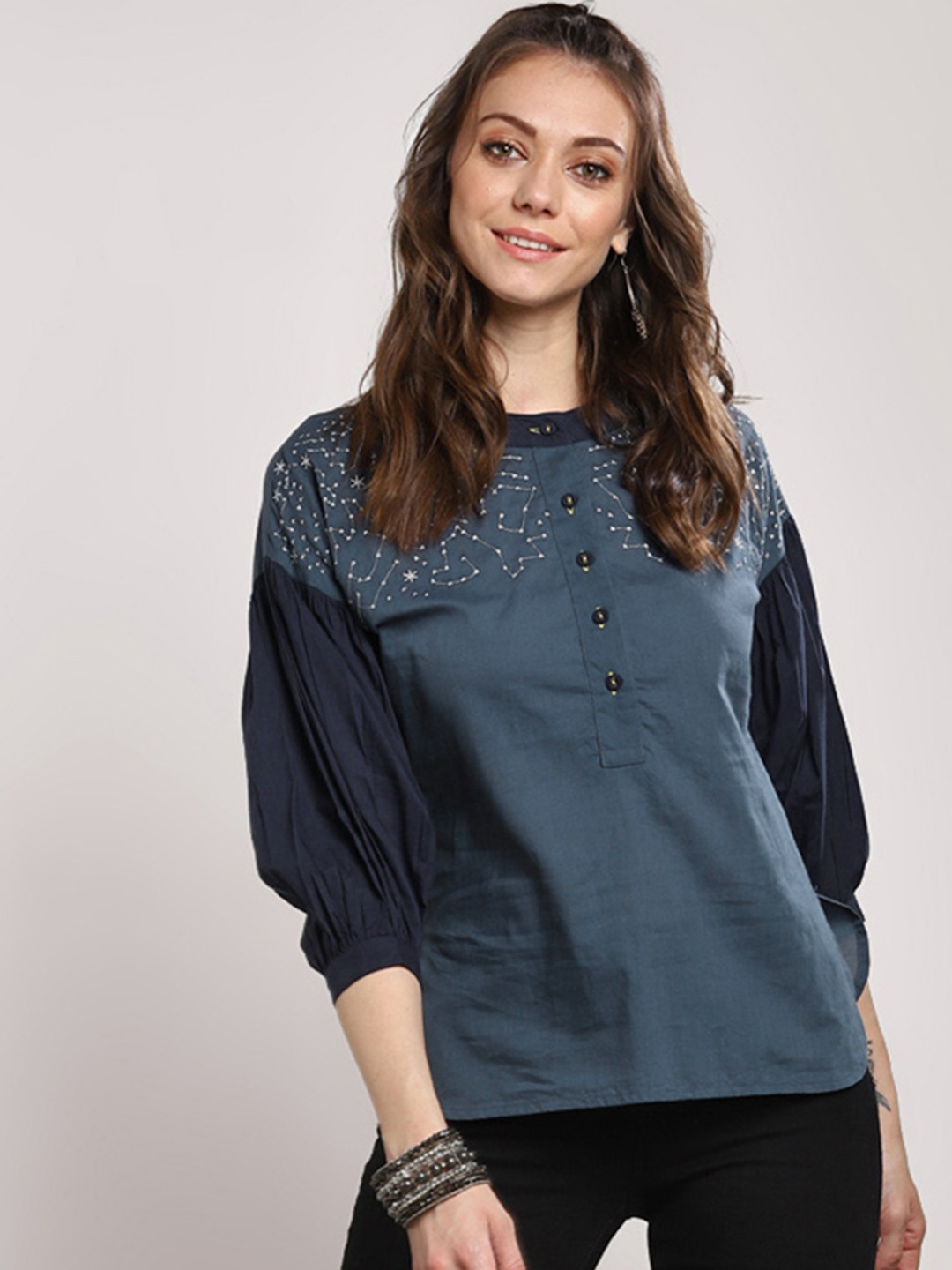 Sangria Blue Abstract Pure Cotton Top