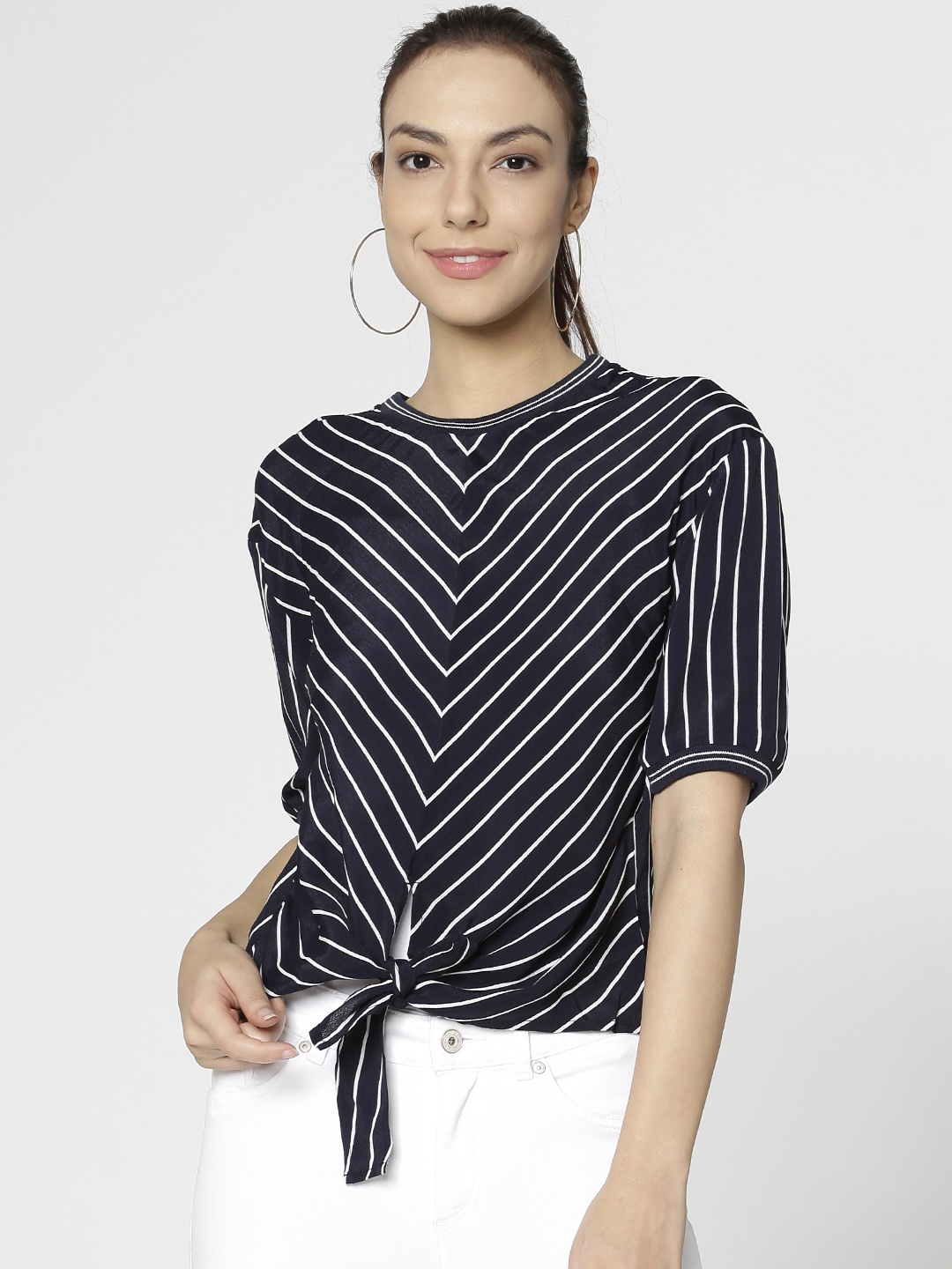 ONLY Women Navy Blue & White Striped Top