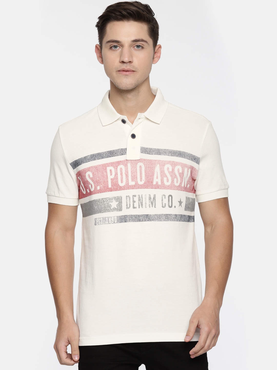U.S. Polo Assn. Denim Co. Men Cream-Coloured Printed Polo Collar Pure Cotton T-shirt
U.S. Polo Assn. Denim Co. Men Cream-Coloured Printed Polo Collar Pure Cotton T-shirt