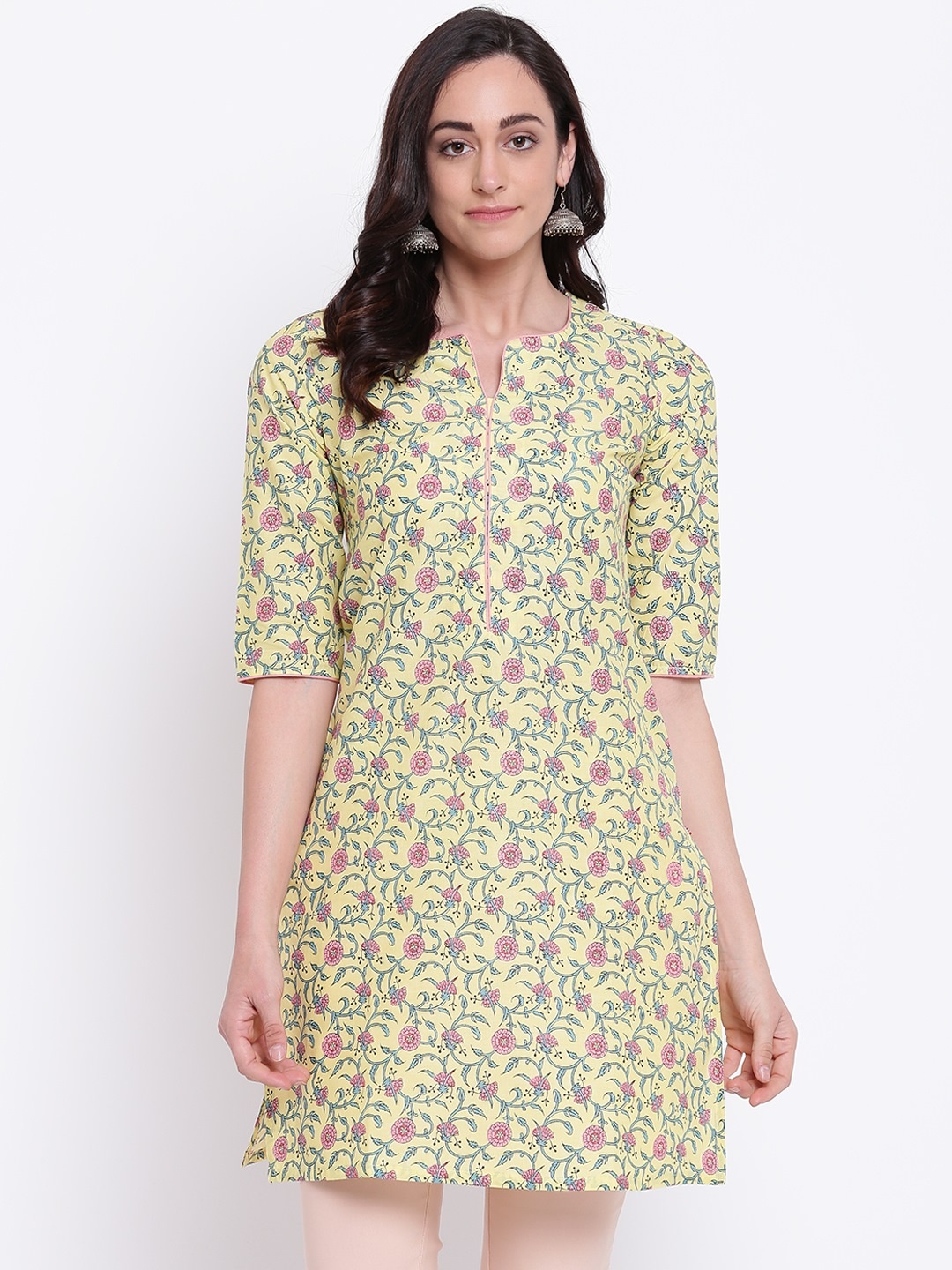 Biba Women Yellow & Green Printed Straight Kurta