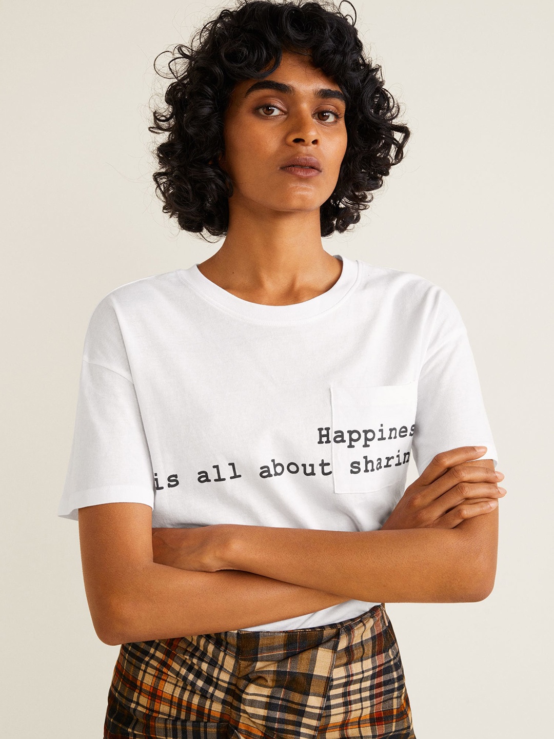 MANGO Women White Printed Round Neck T-shirt