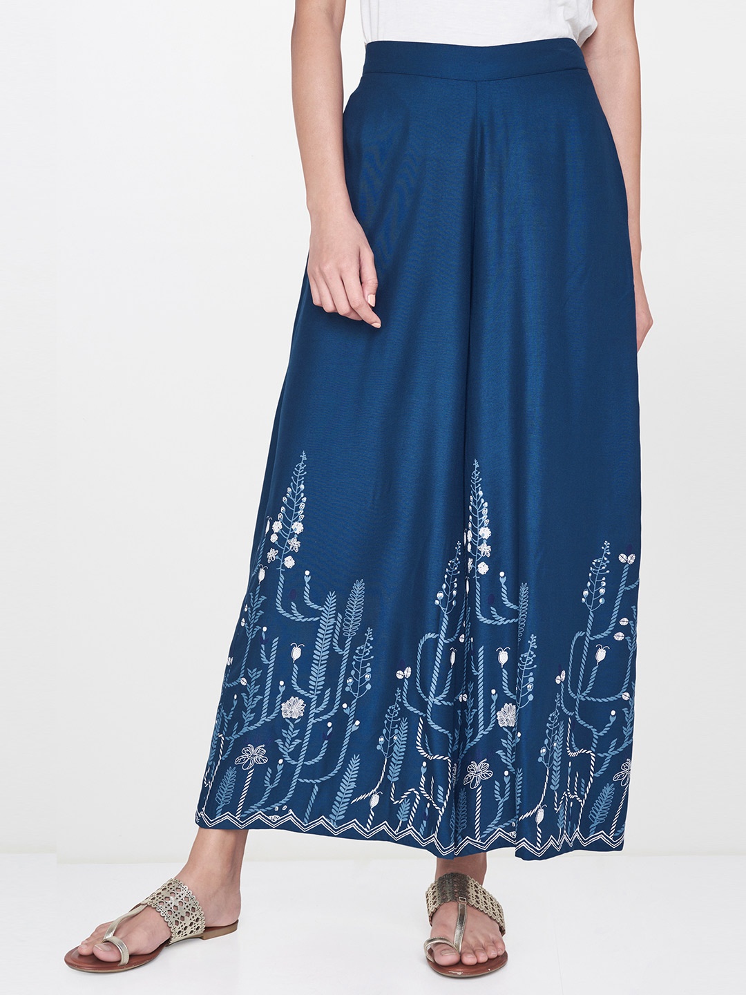 Global Desi Women Blue Printed Flared Cropped Palazzos, Navy blue