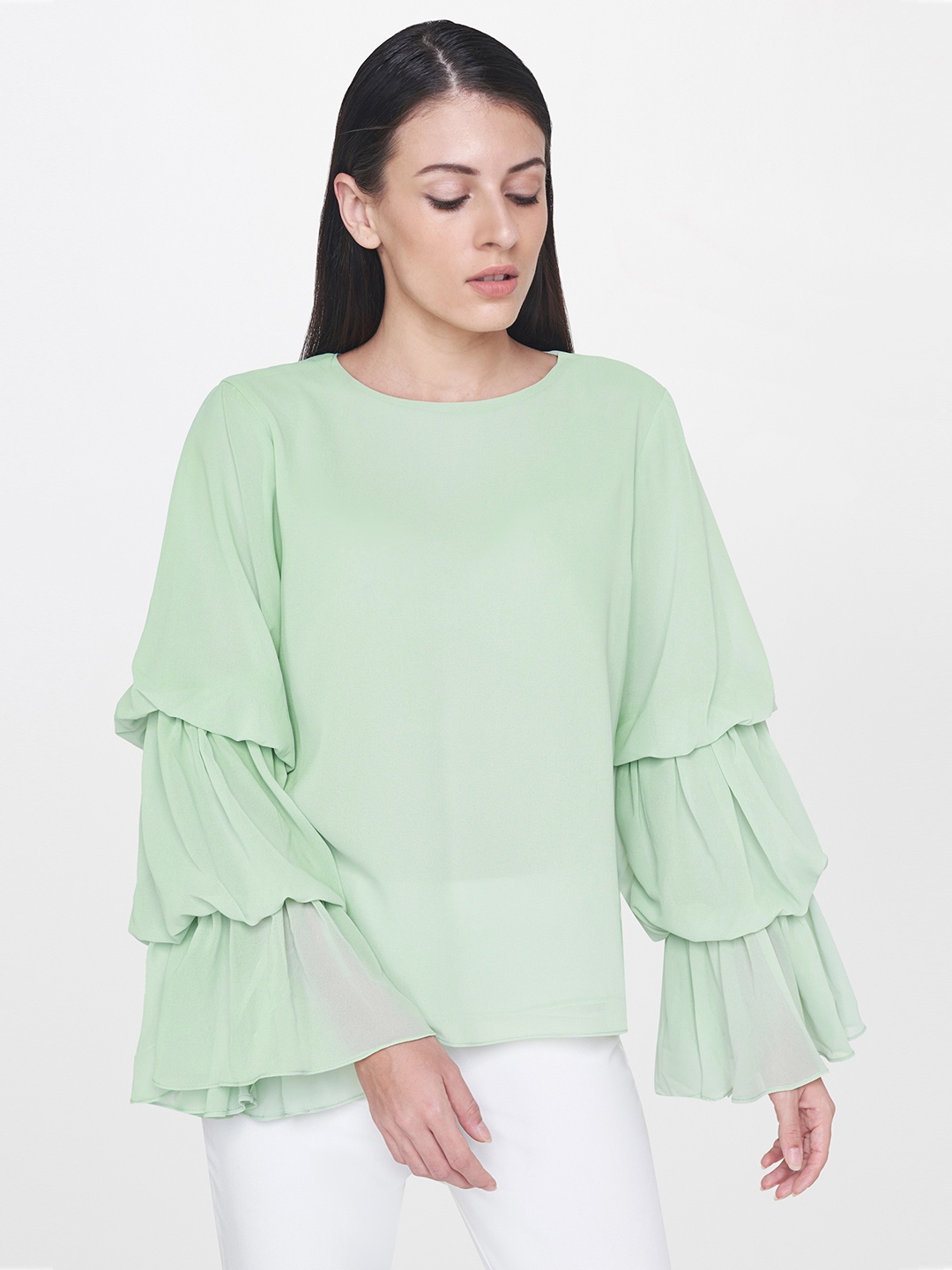 AND Women Green Solid Bell Sleeve Top