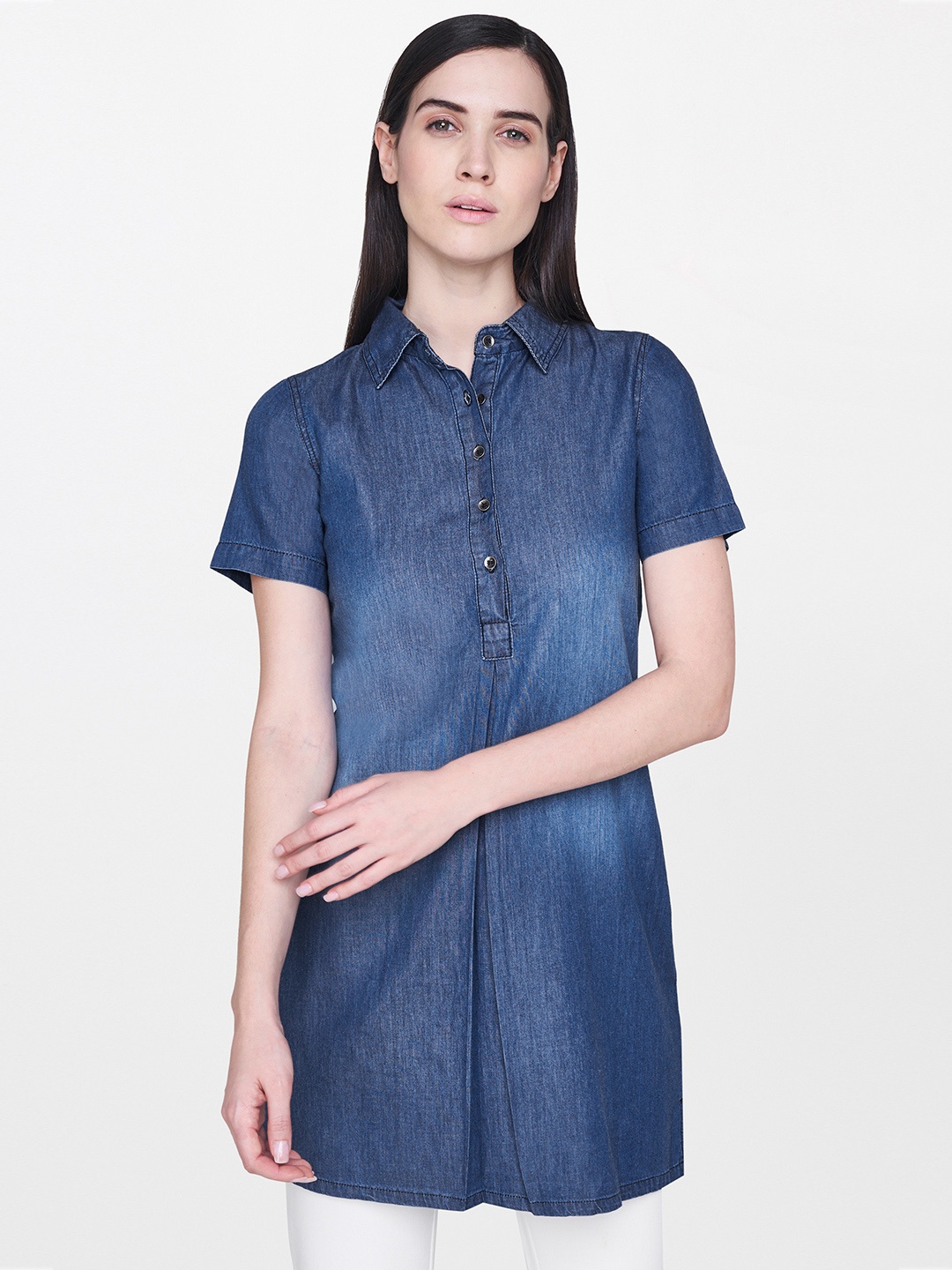 AND Women Blue Solid Chambray Tunic
