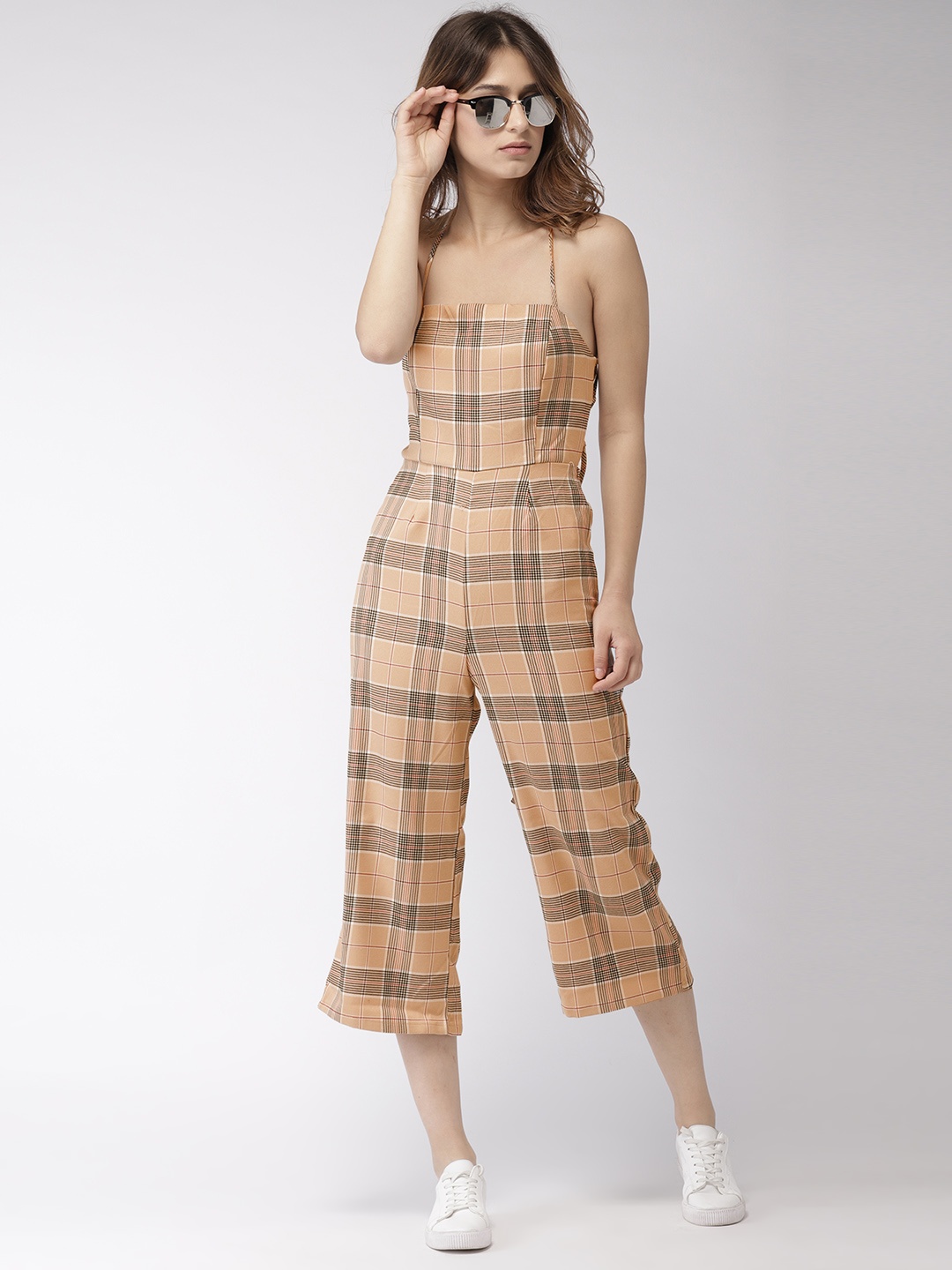 FOREVER 21 Beige & Black Checked Basic Jumpsuit