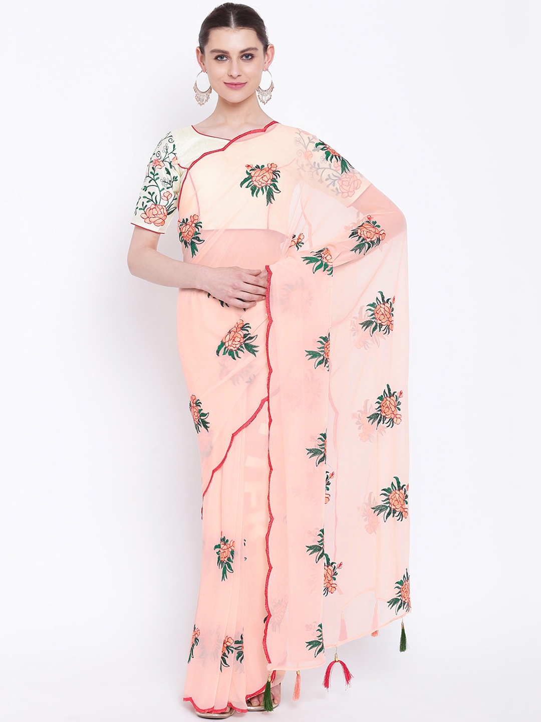 Kvsfab Peach-Coloured Embroidered Poly Georgette Saree