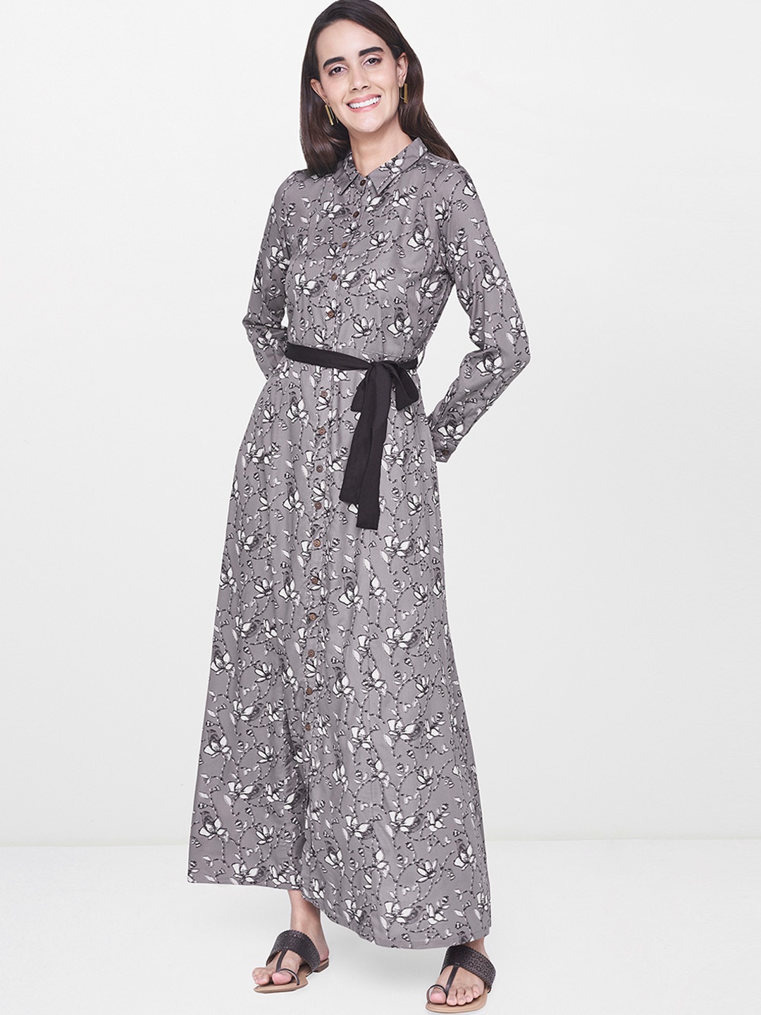 Global Desi Women Grey Printed Maxi Dress