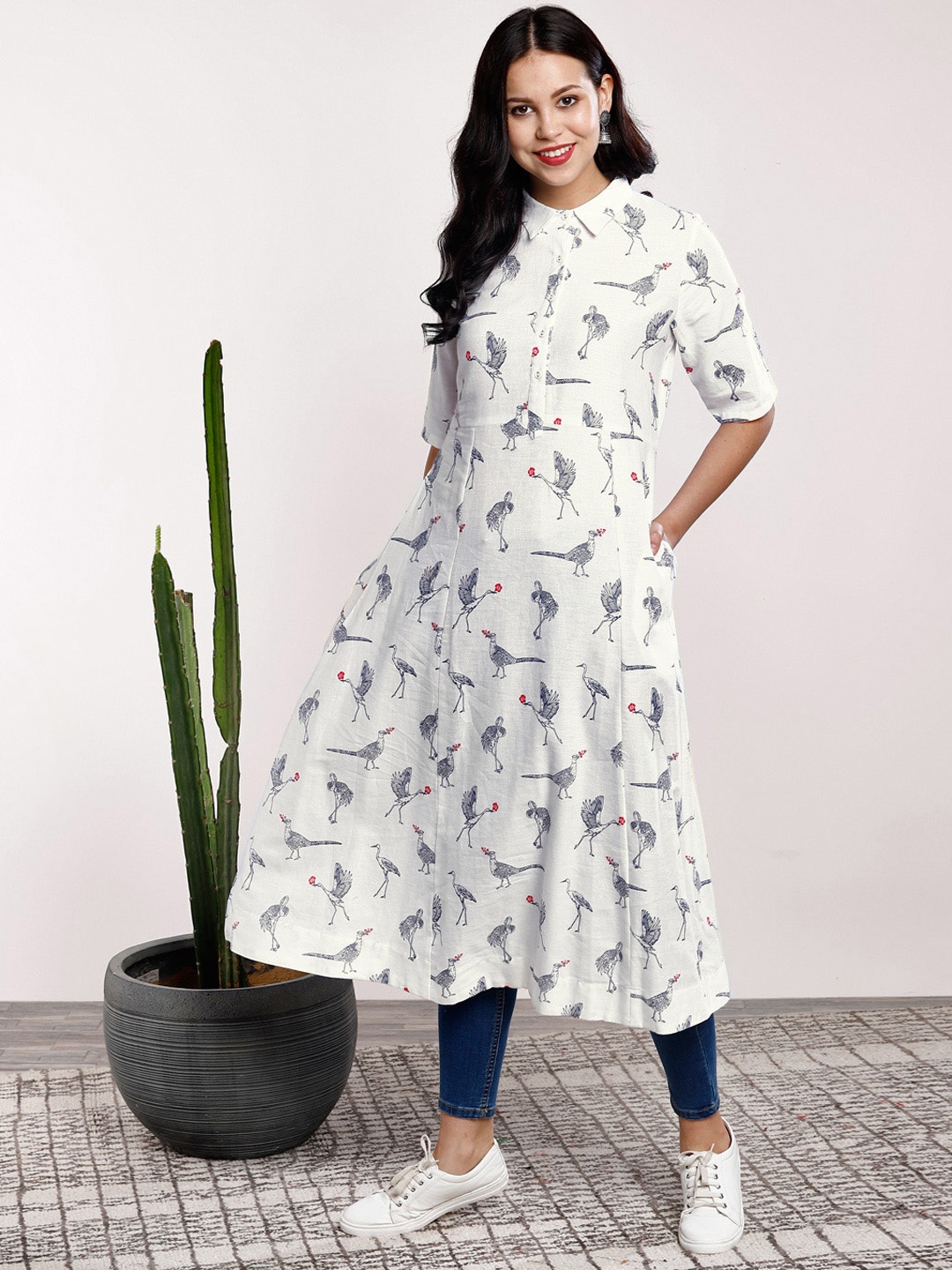 Sangria Women White & Grey Printed A-Line Kurta