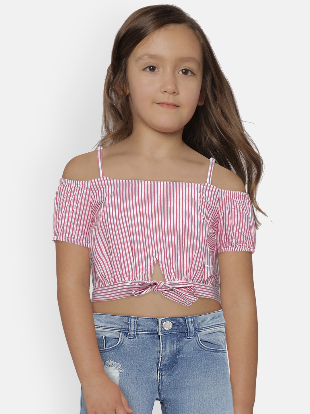 Pepe Jeans Girls Red & White Striped Bardot Crop Top