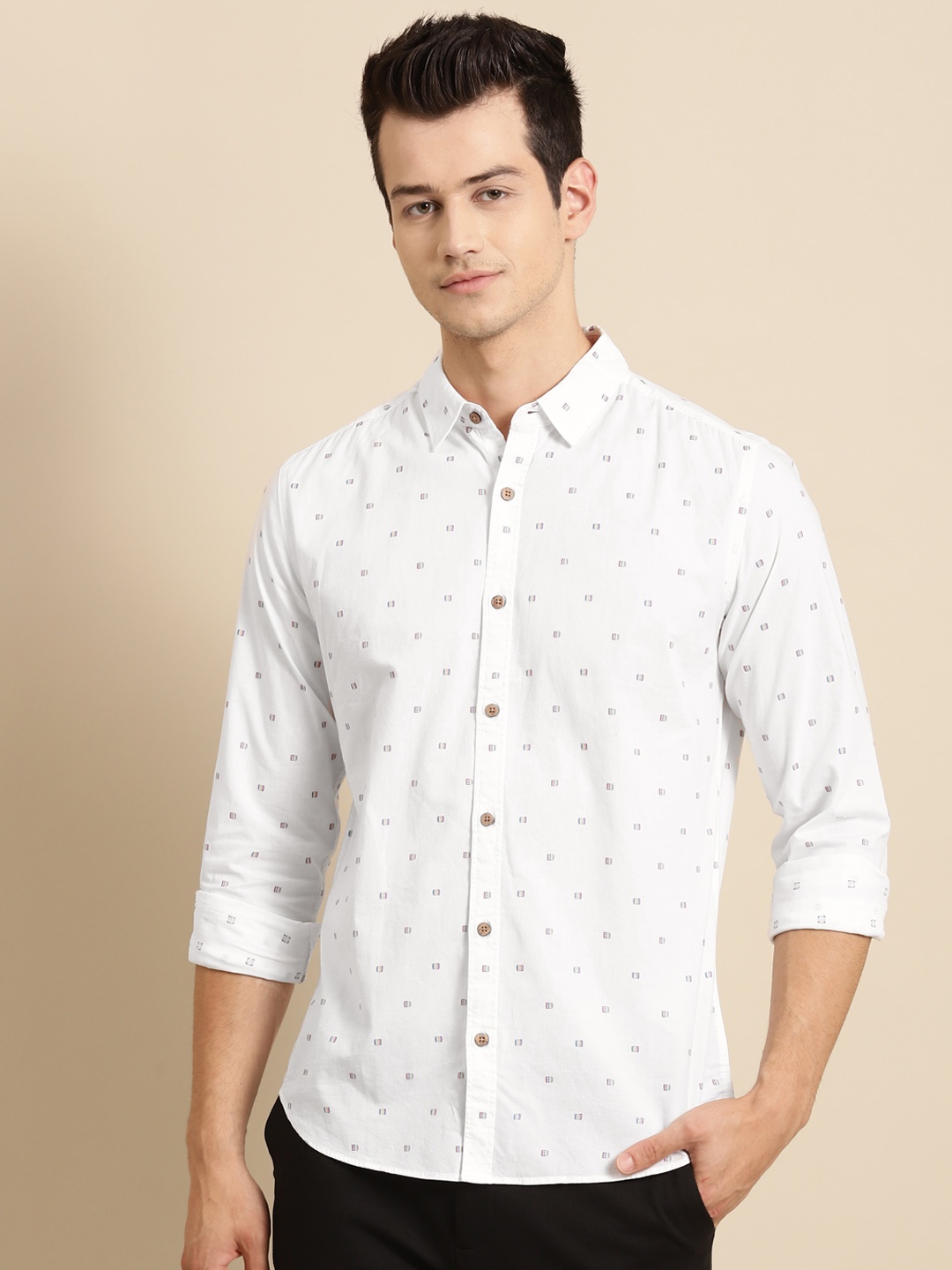 United Colors of Benetton Men 7 Blue Pure Cotton White Printed Casual Shirt