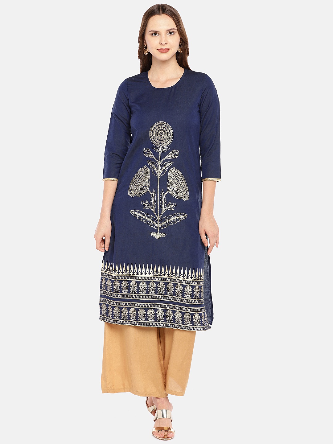 Globus Women Navy Blue Woven Design Straight Kurta