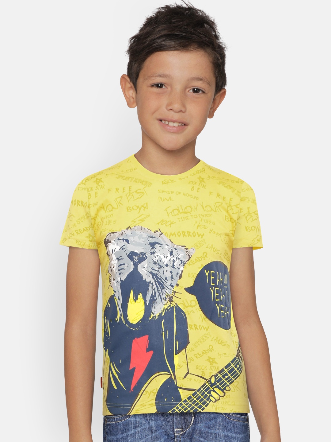Gini and Jony Boys Yellow Printed Round Neck T-shirt