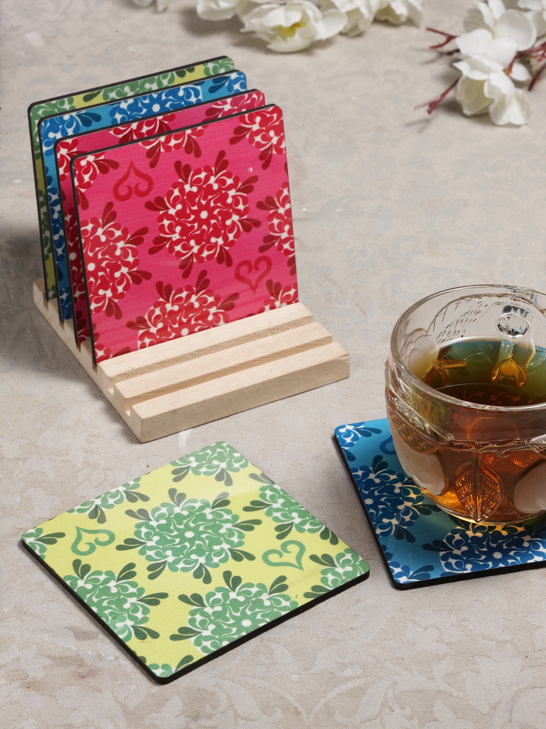 Alina Decor Set of 6 Printed Coasters With Wooden Stand, Multi