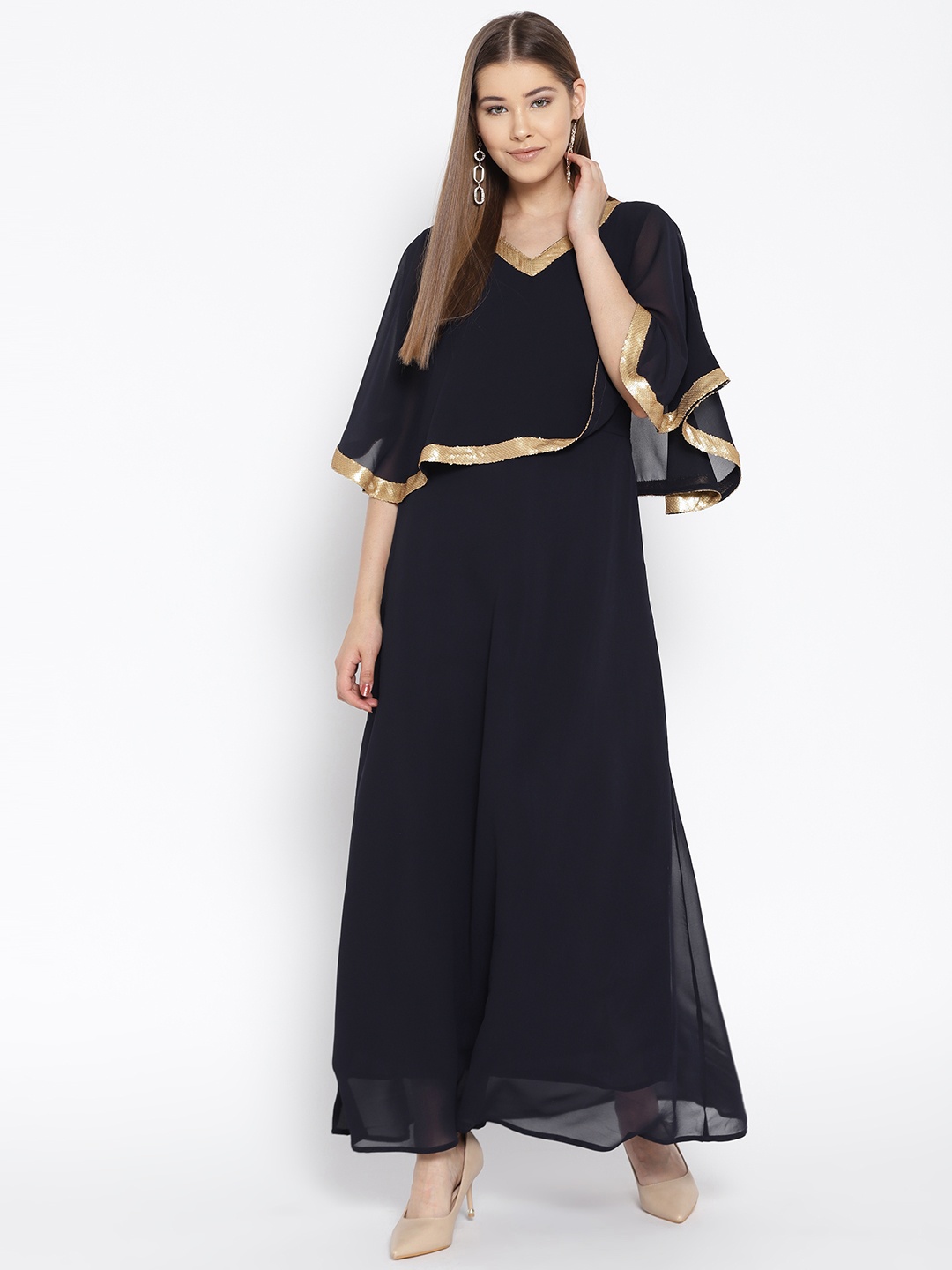 Cottinfab Women Navy Blue Solid Layered Maxi Dress