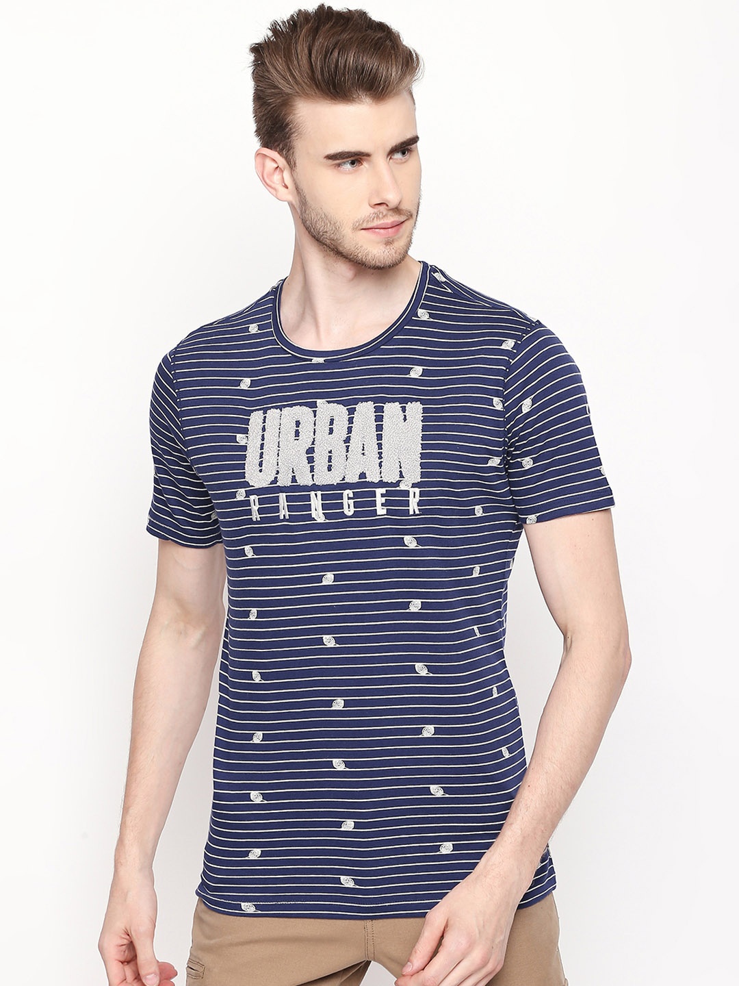 Urban Ranger by pantaloons Men Navy Blue Striped Round Neck T-shirt