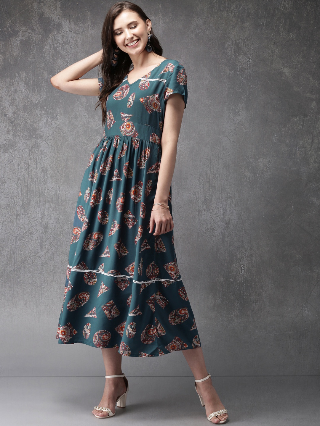 Anouk Women Teal Blue Printed Fit and Flare Dress