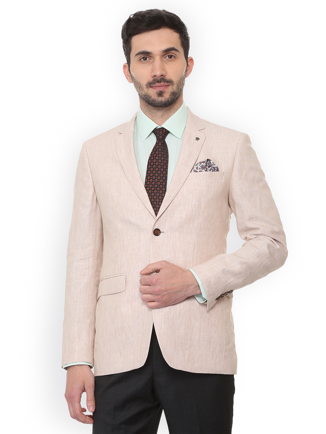 Louis Philippe Men Beige Self-Design Slim-Fit Single-Breasted Blazer