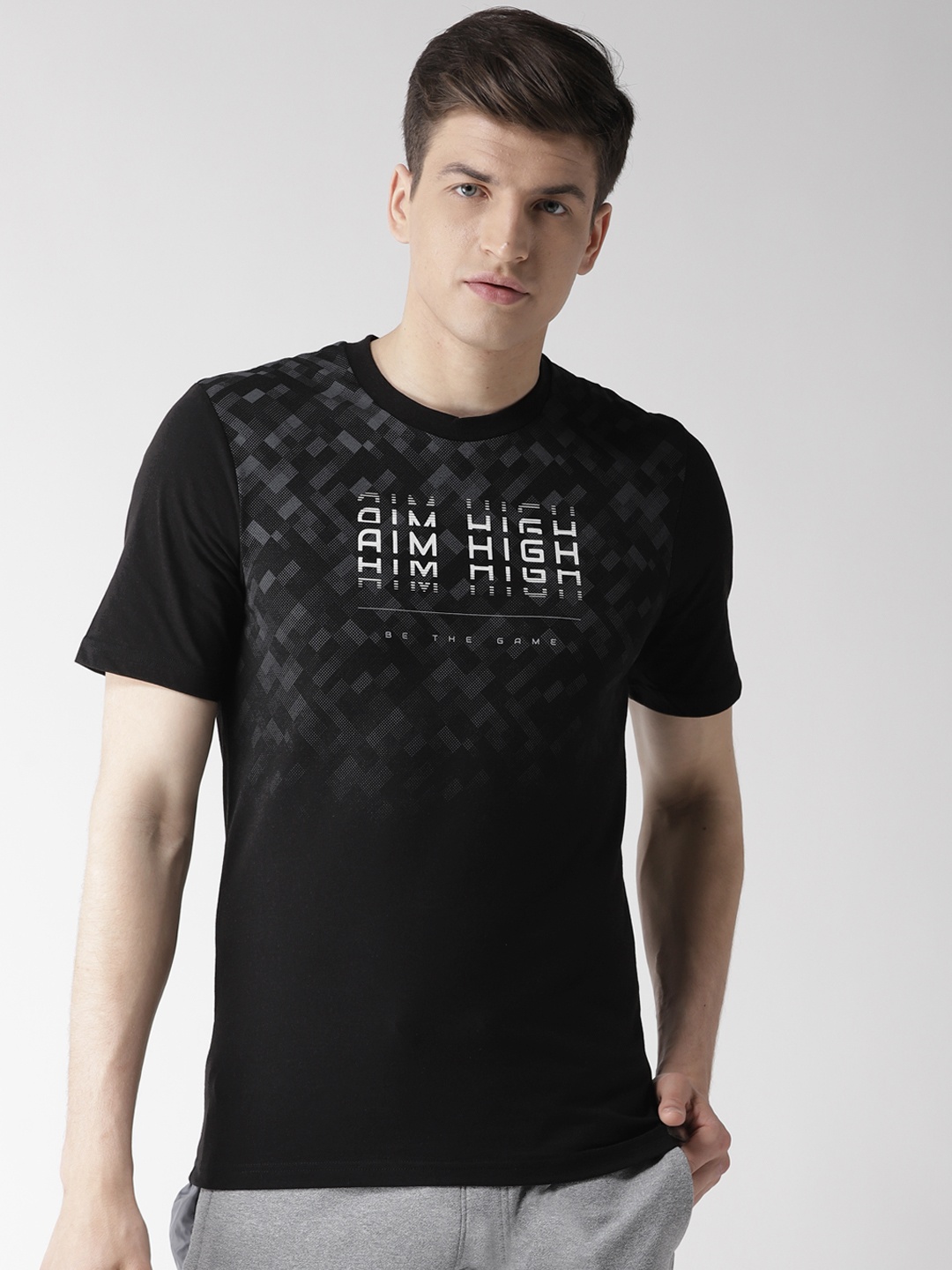 Alcis Men Black & Grey Printed Round Neck T-shirt