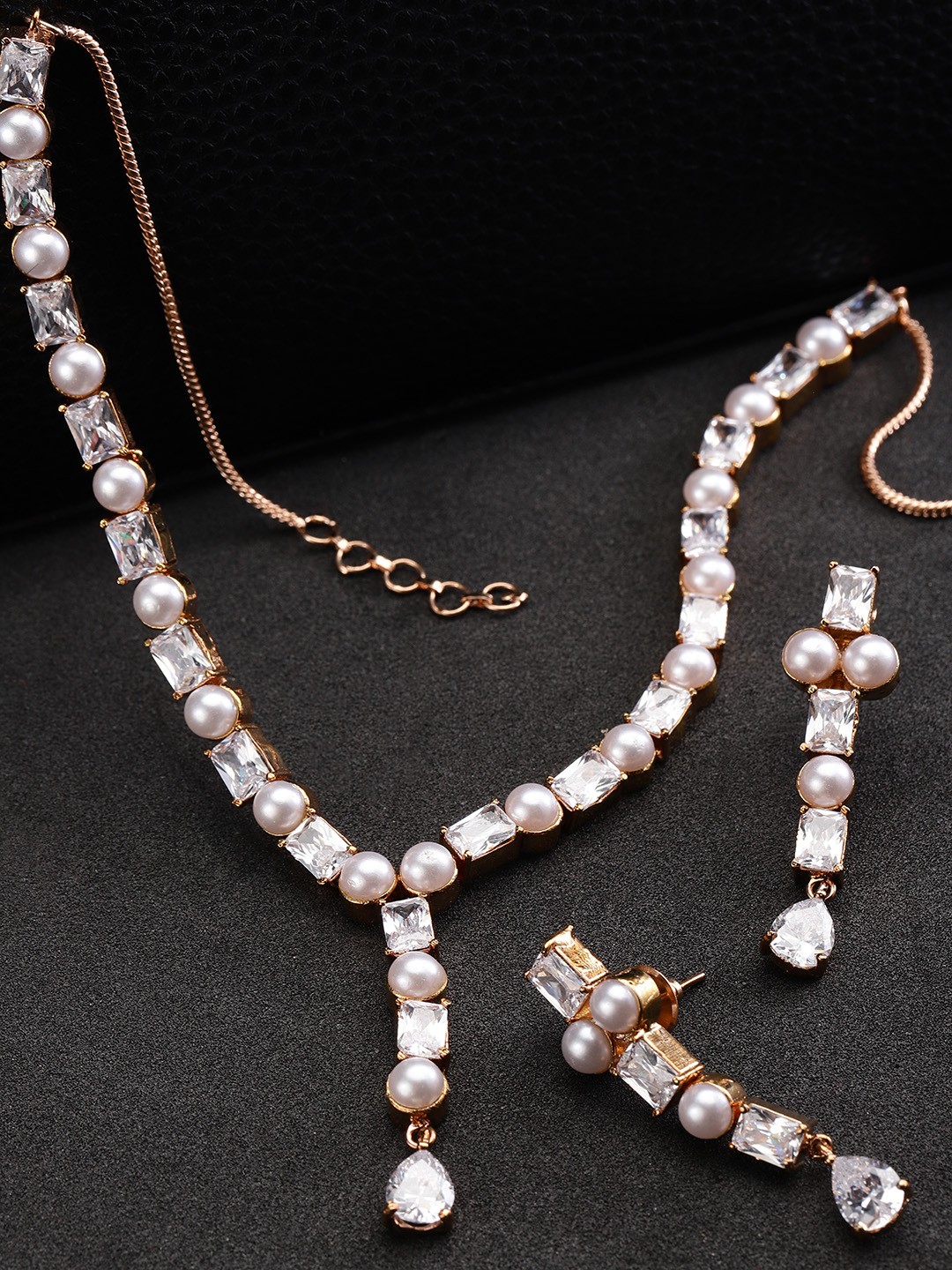 Priyaasi White & Rose Gold-Toned Silver-Plated American Diamond Studded Jewellery Set