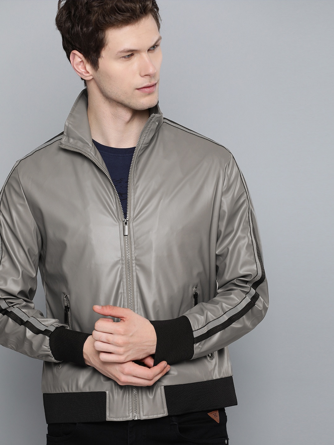 Harvard Men Grey Solid Bomber Jacket