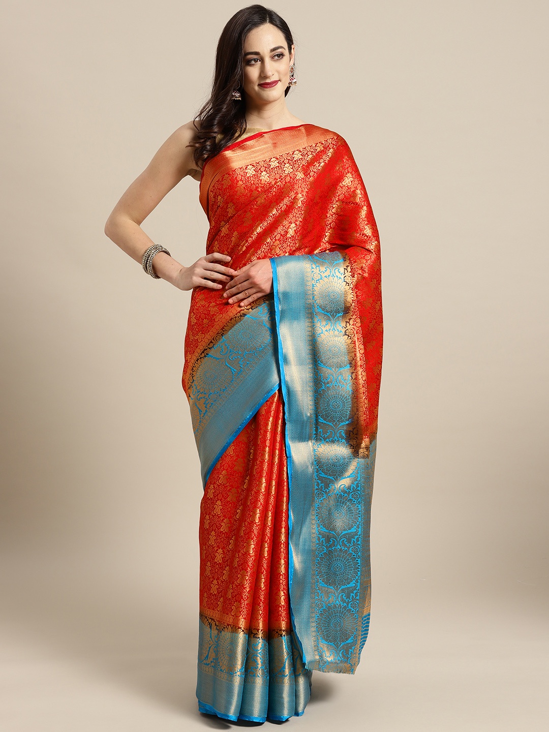 Saree mall Red & Blue Woven Design Banarasi Saree