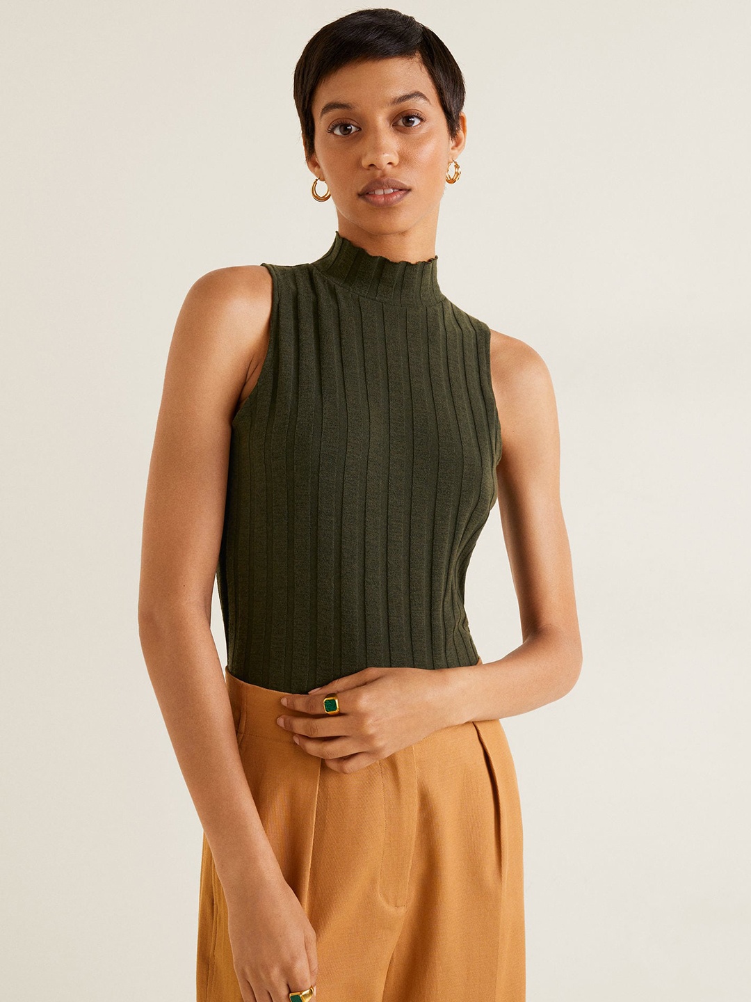 MANGO Women Olive Green Striped Top