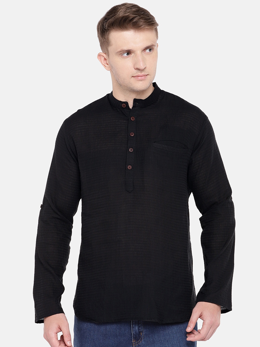 SALWAR STUDIO Men Black Woven Design Straight Kurta