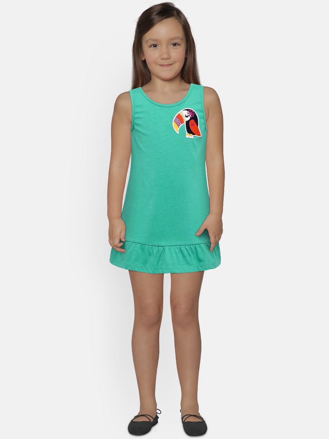 United Colors of Benetton Girls Sea Green Solid Drop-Waist Dress with Applique Detail