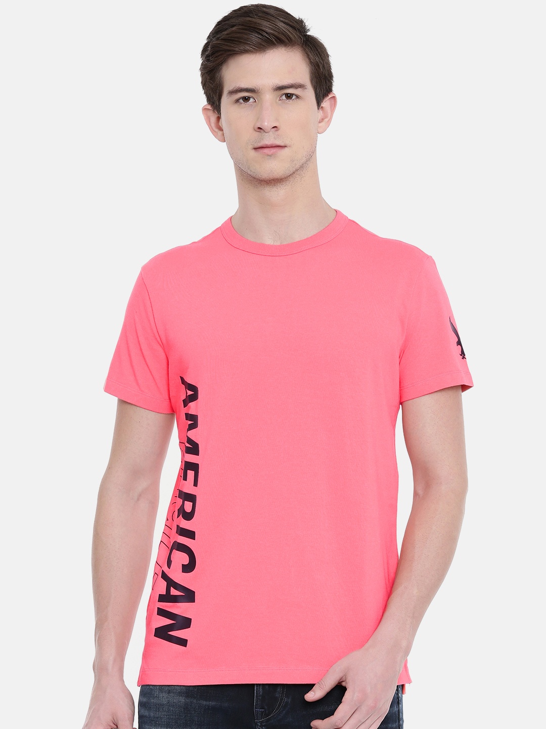 AMERICAN EAGLE OUTFITTERS Men Coral Pink Printed Round Neck T-shirt