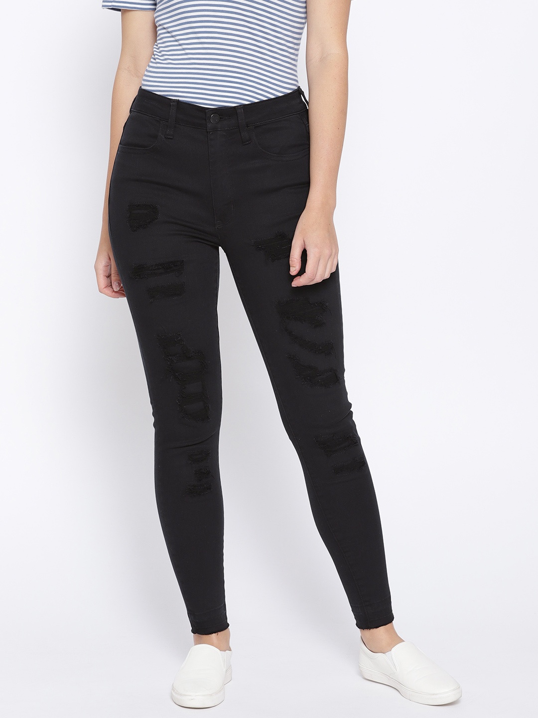 AMERICAN EAGLE OUTFITTERS Women Black Regular Fit High-Rise Highly Distressed Stretchable Jeans
AMERICAN EAGLE OUTFITTERS Women Black Regular Fit High-Rise Highly Distressed Stretchable Jeans