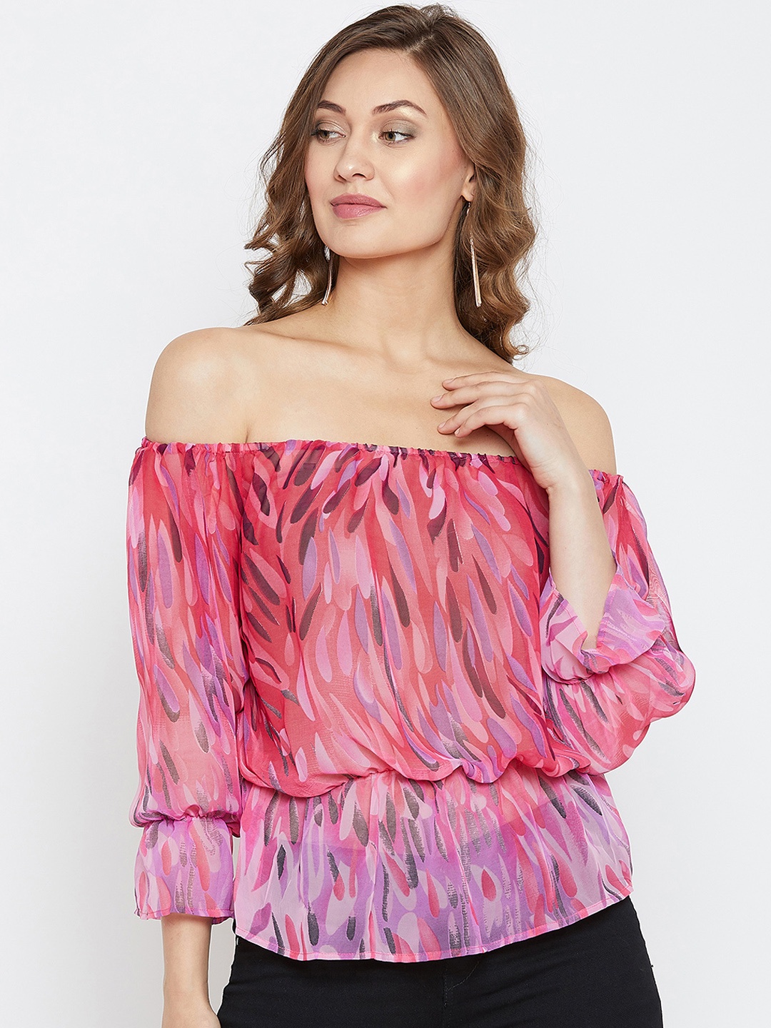 PURYS Women Pink Printed Bardot Top