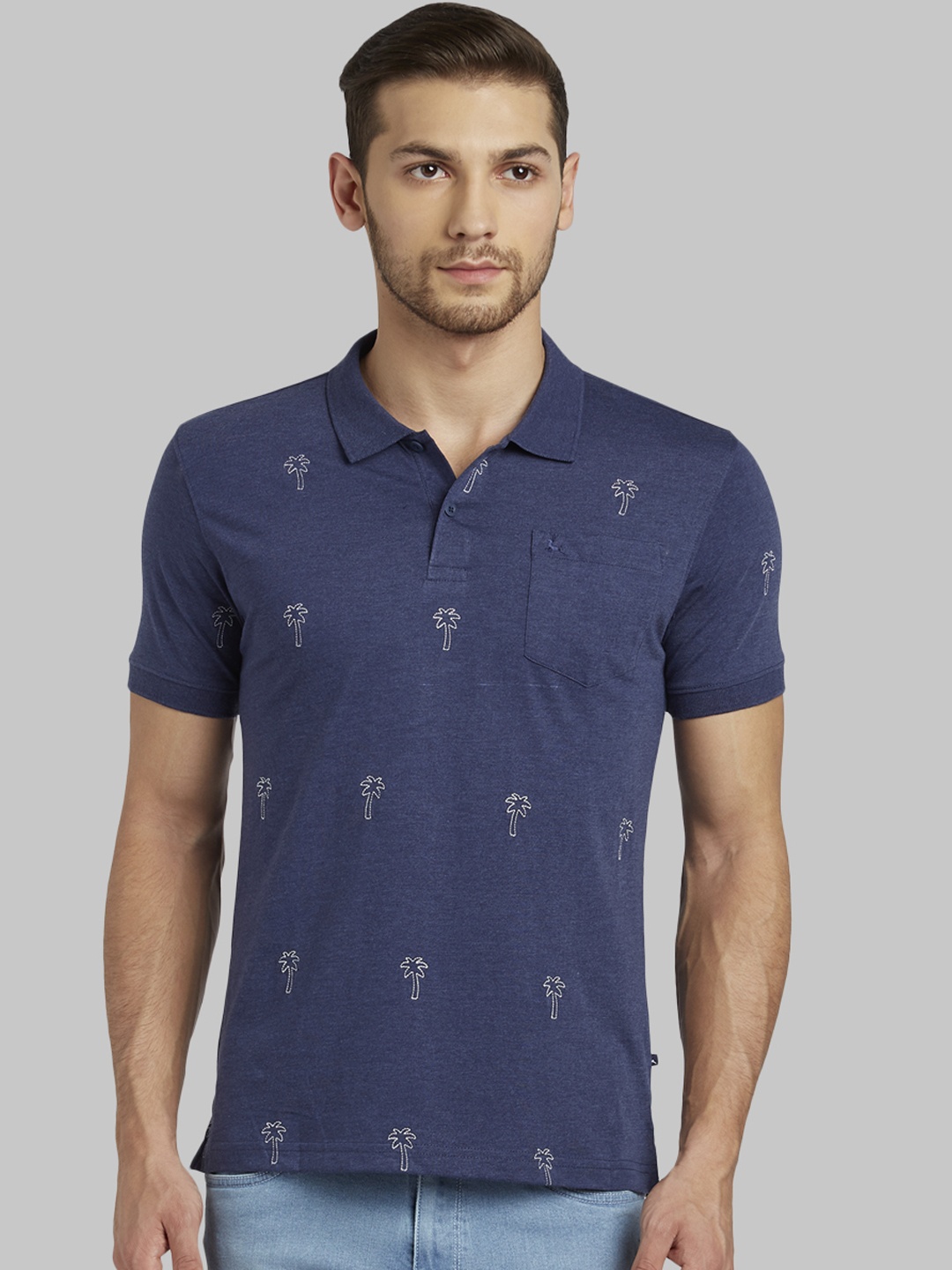 Parx Men Blue Printed Polo Collar T-shirt