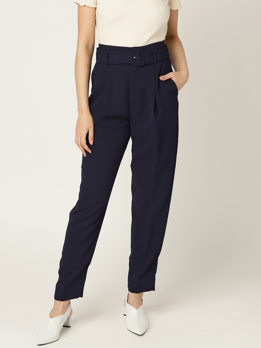 MANGO Women Navy Solid Regular Trousers, Navy blue