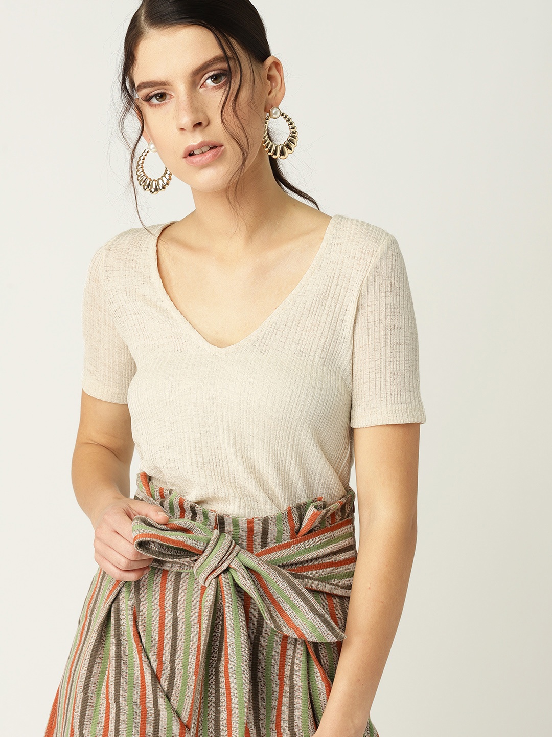 MANGO Women Beige Self-Striped Top