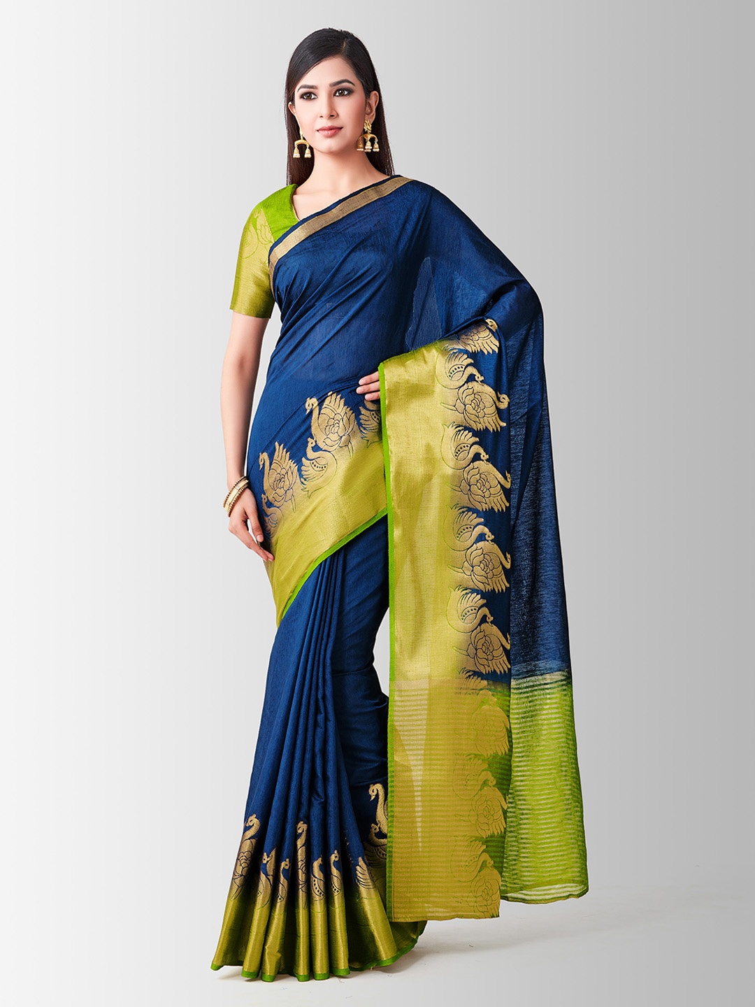 MIMOSA Navy Blue & Green Linen Blend Woven Design Kanjeevaram Saree