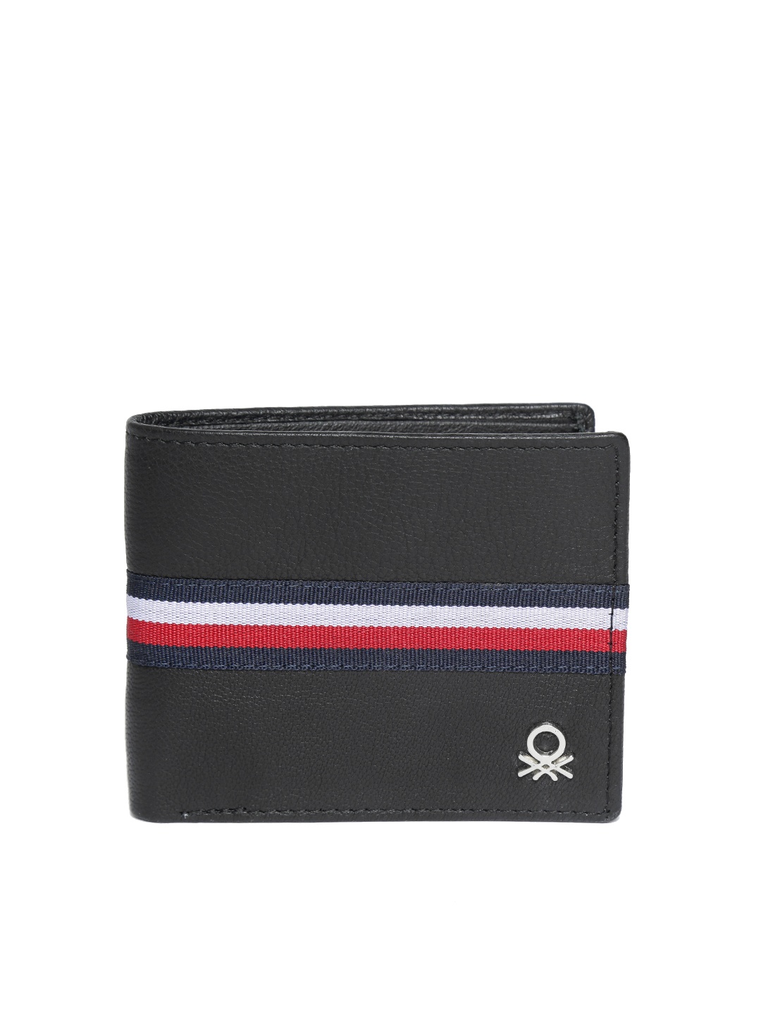 United Colors of Benetton Men Black Leather Striped Detail Two Fold Wallet