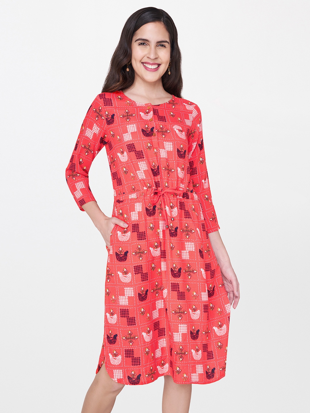 Global Desi Women Coral Pink Printed A-Line Dress