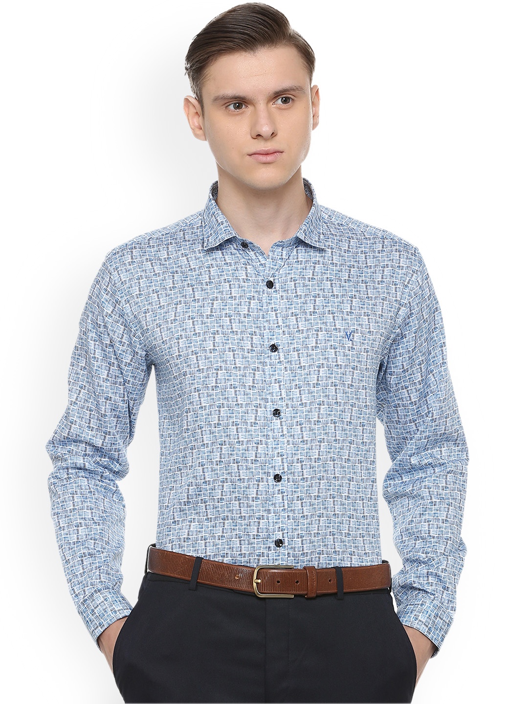 V Dot Men Blue & Off-White Slim Fit Printed Formal Shirt