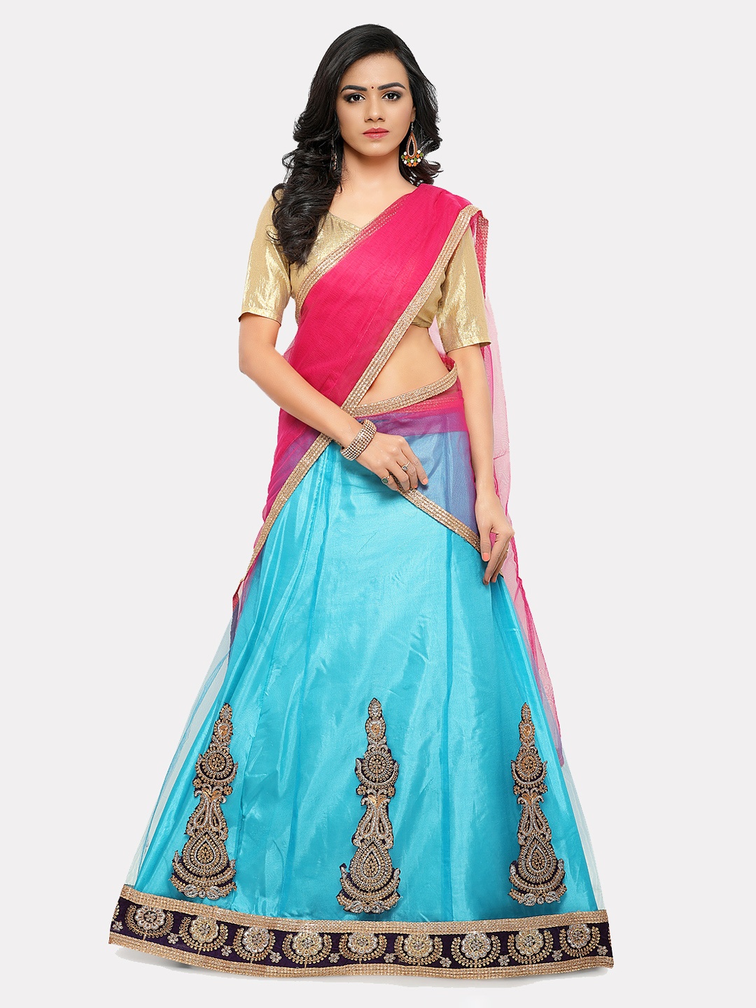 MOKSHA DESIGNS Turquoise Blue & Pink Solid Semi-Stitched Lehenga & Unstitched Blouse with Dupatta
MOKSHA DESIGNS Turquoise Blue & Pink Solid Semi-Stitched Lehenga & Unstitched Blouse with Dupatta