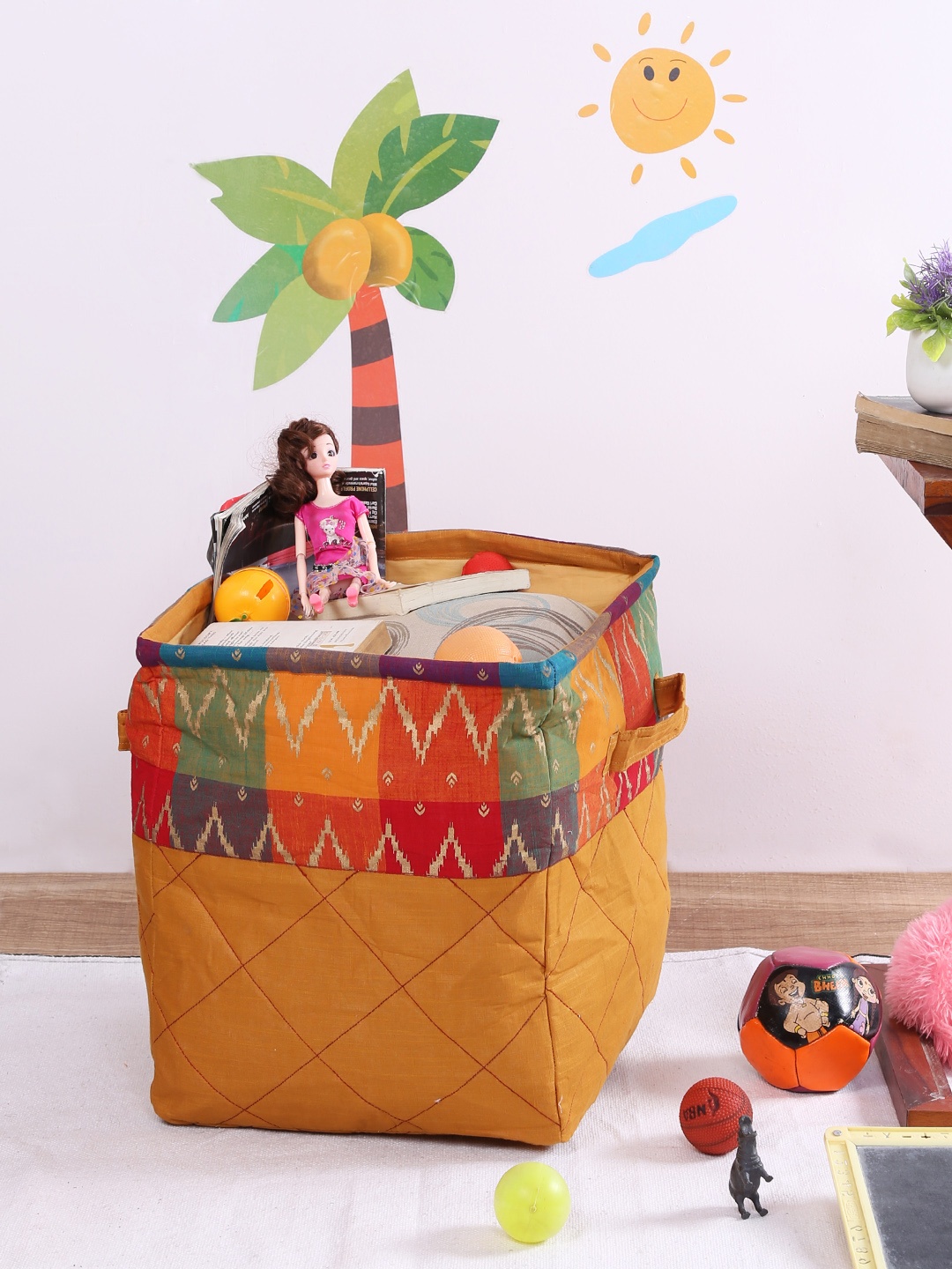 Rajasthan Decor Mustard & Multicoloured Printed Foldable Laundry Bag