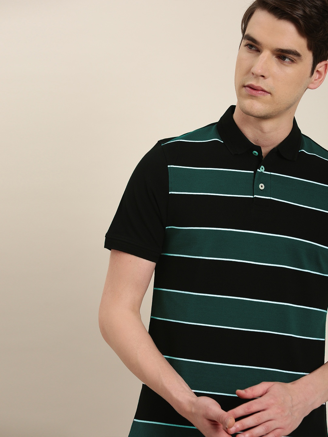 INVICTUS Men Black Green Striped Slim Fit Polo Collar Pure Cotton T-shirt