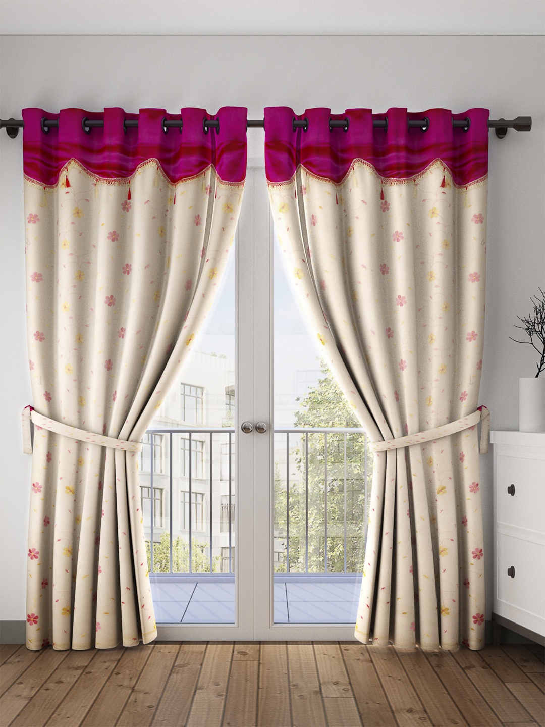 Cortina Pink & White Set of 2 Fancy Valance Floral Printed Sheer Door Curtains, Beige