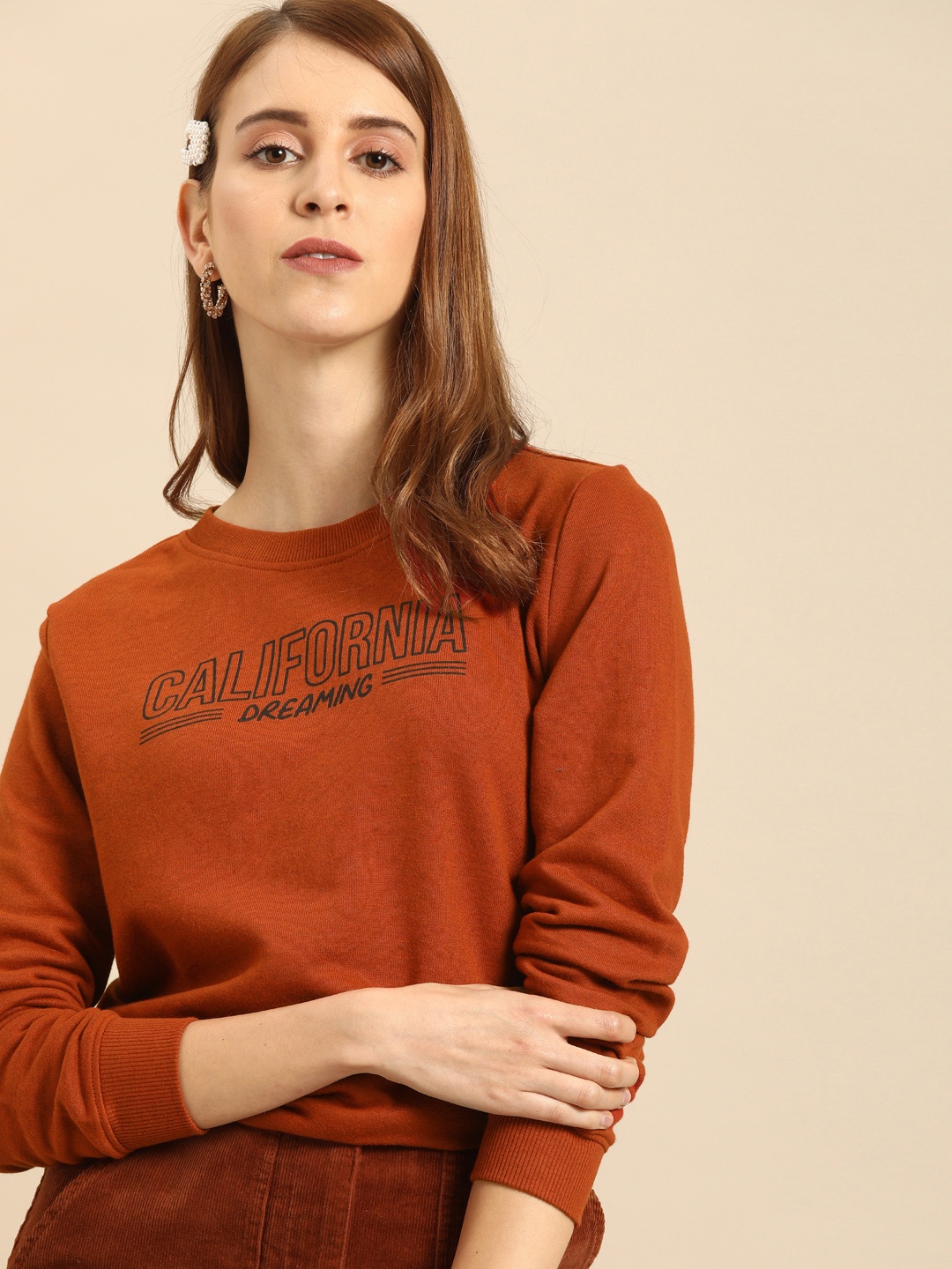 DressBerry Women Rust Brown Printed Sweatshirt