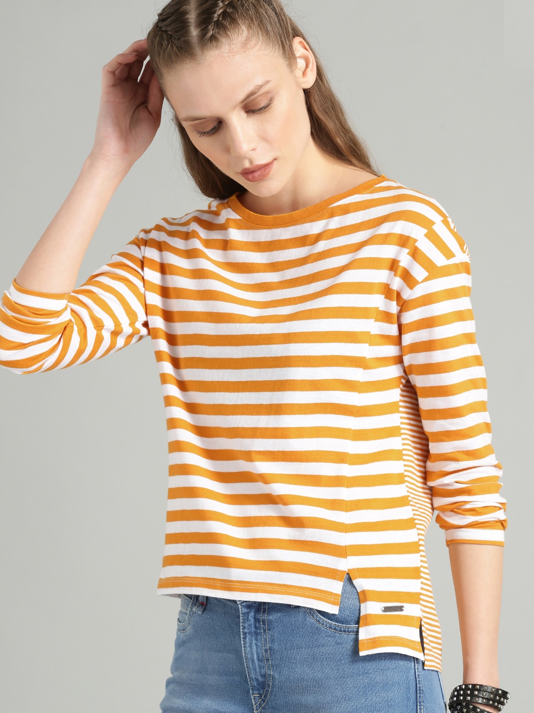 The Roadster Lifestyle Co Women Mustard Yellow & White Striped High-Low Pure Cotton Top
The Roadster Lifestyle Co Women Mustard Yellow & White Striped High-Low Pure Cotton Top